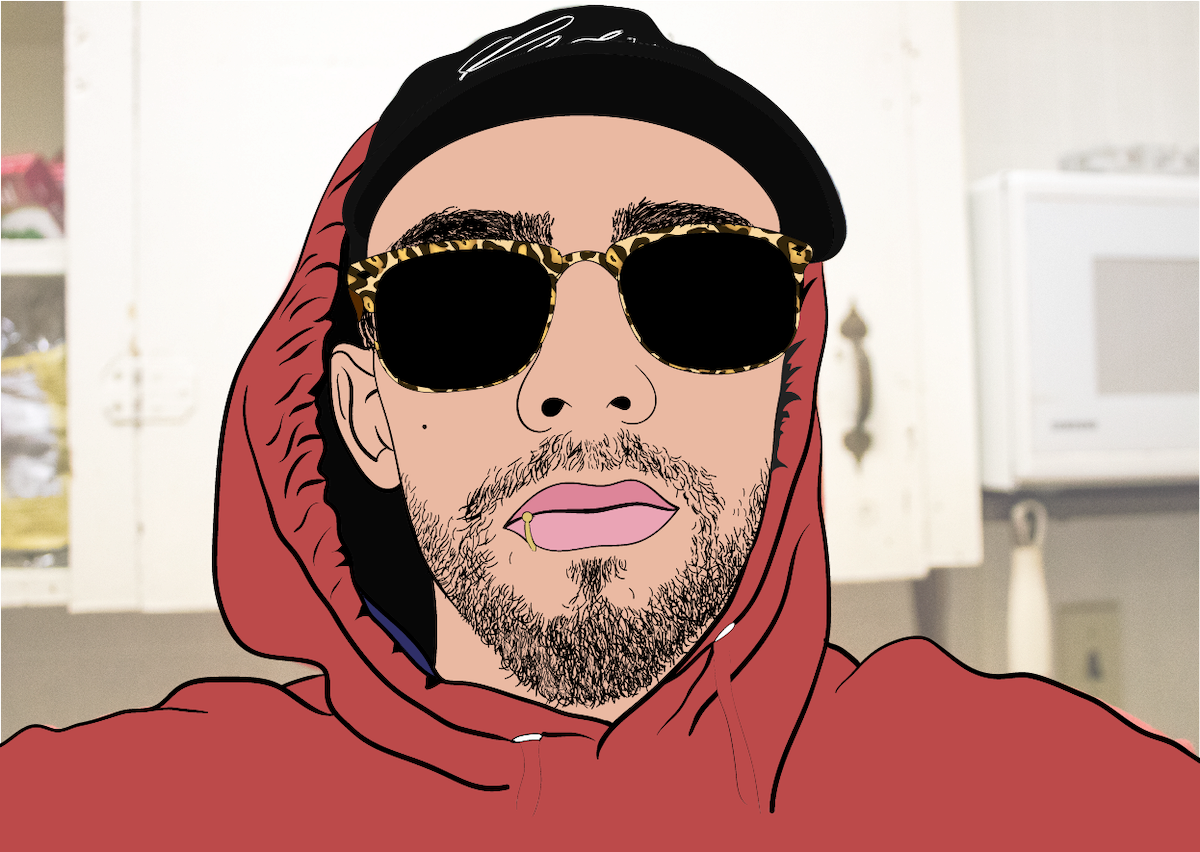 Digital Portait of a Me wearing sunglasses and a red hoodie.